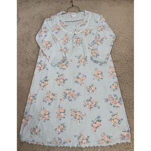 Miss Elaine Women's Aqua Floral Midi Brushed Henley Nightgown Satin Trim Size S